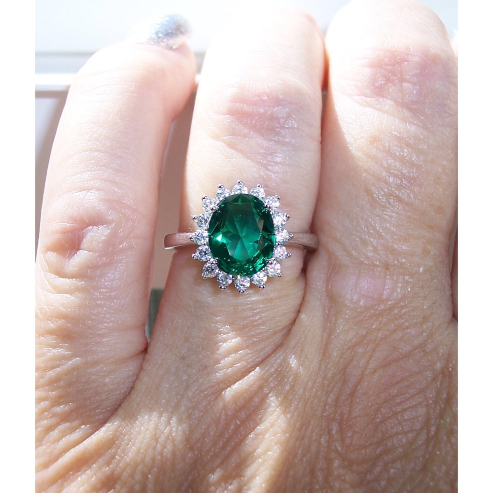 925 STERLING SILVER Simulated Emerald Cubic Zirconia Halo Ring - Picture 6 of 16